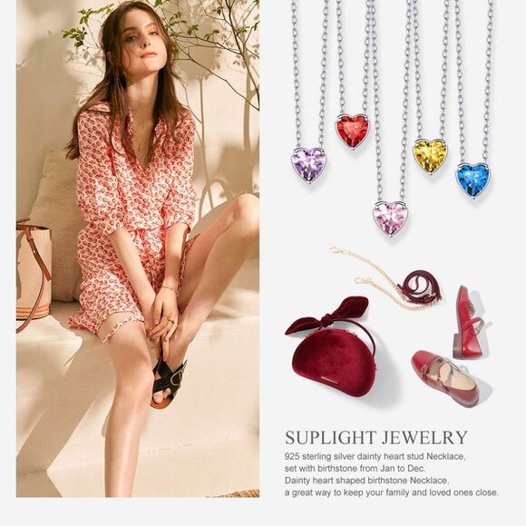 Suplight Dainty 925 Sterling Silver Birthstone Heart Crystal Necklace/Stud Earri - Picture 3 of 7